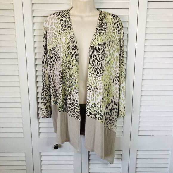 Chico's Travelers Slinky Tan Chartreuse Brown Animal Spots Open Front Sweater 3 - Picture 1 of 6